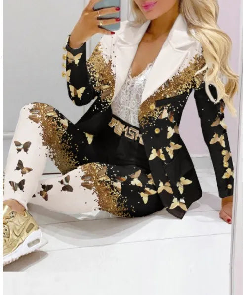 Women's Casual Striped Printed Suit, Office Lady Coat and Pant Set, Elegant Fashion Long Sleeve Top, Trousers, Two Piece Set, Female Outfit, 2023
