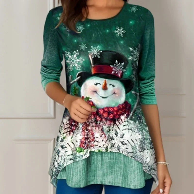 Arbre de noël femmes t-shirt mode col rond à manches longues hauts chemises impression 3D décontracté Harajuku femme grande taille vêtements