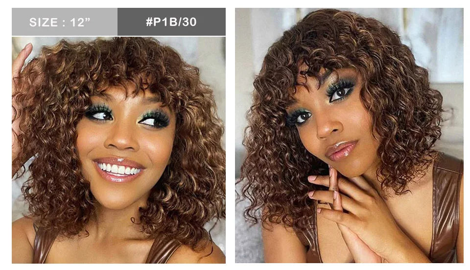 Perruques de cheveux humains Pixie Cut Bob avec frange pour femme, perruque pleine machine bouclée, surbrillance, couleur blond miel, court, caution