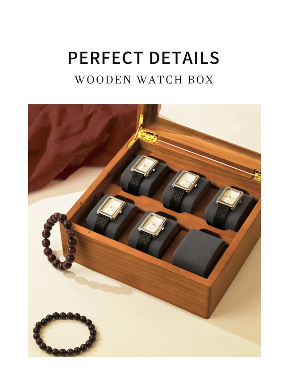Oirlv boîte de rangement de montre en bois délicate couvercle en verre anti-poussière boîte de montre boîte de collecte de montre-bracelet affichage stockage boîte de montre à 6 grilles