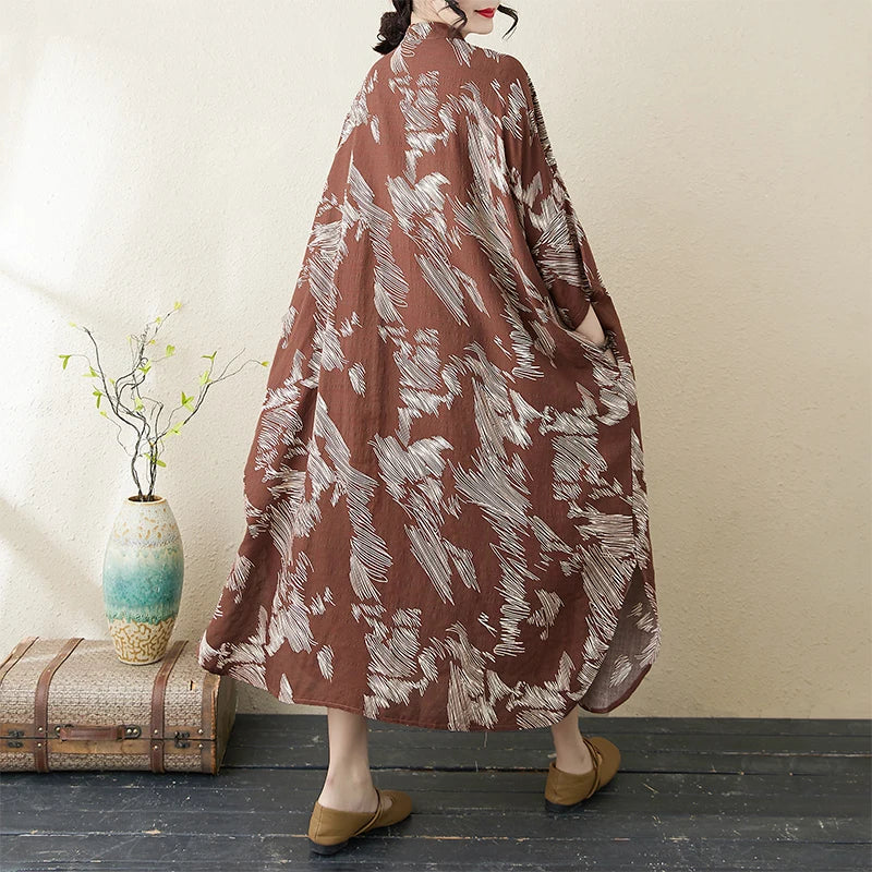 Summer commute. Cotton linen print loose long dress with high neck A-line skirt. Seven long dresses available in plus sizes.