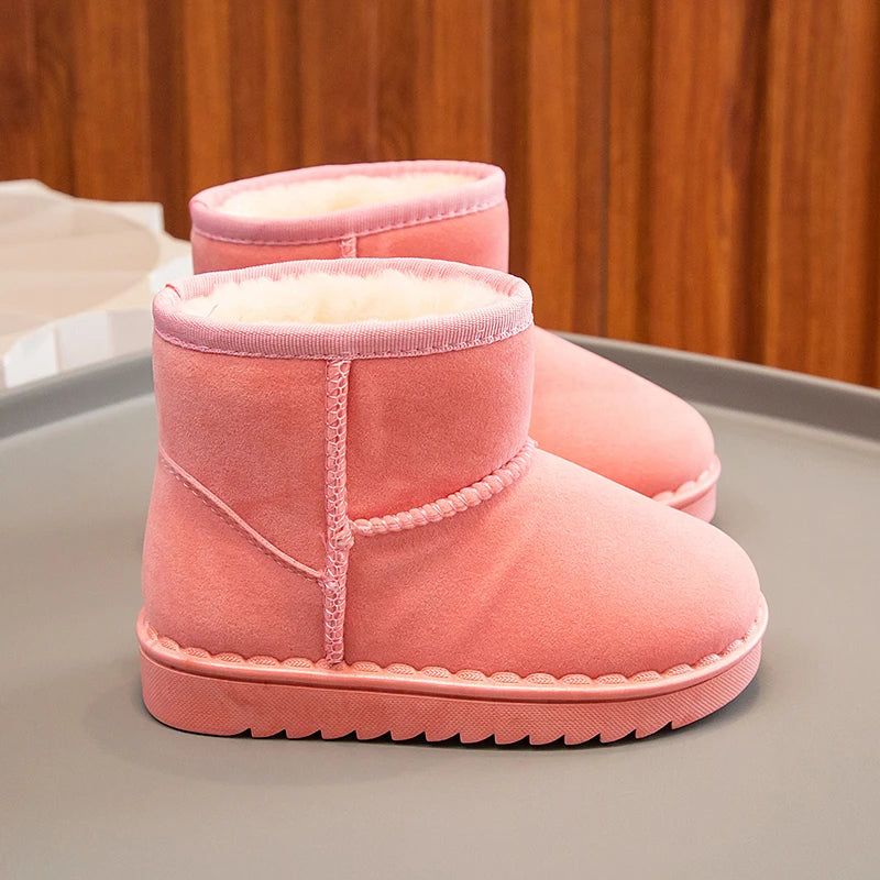 Bottes de neige pour enfants, Style concis, peluche épaisse, bottes courtes d'hiver pour enfants, couleur unie, chaussures classiques unisexes à enfiler pour garçons et filles 23-36