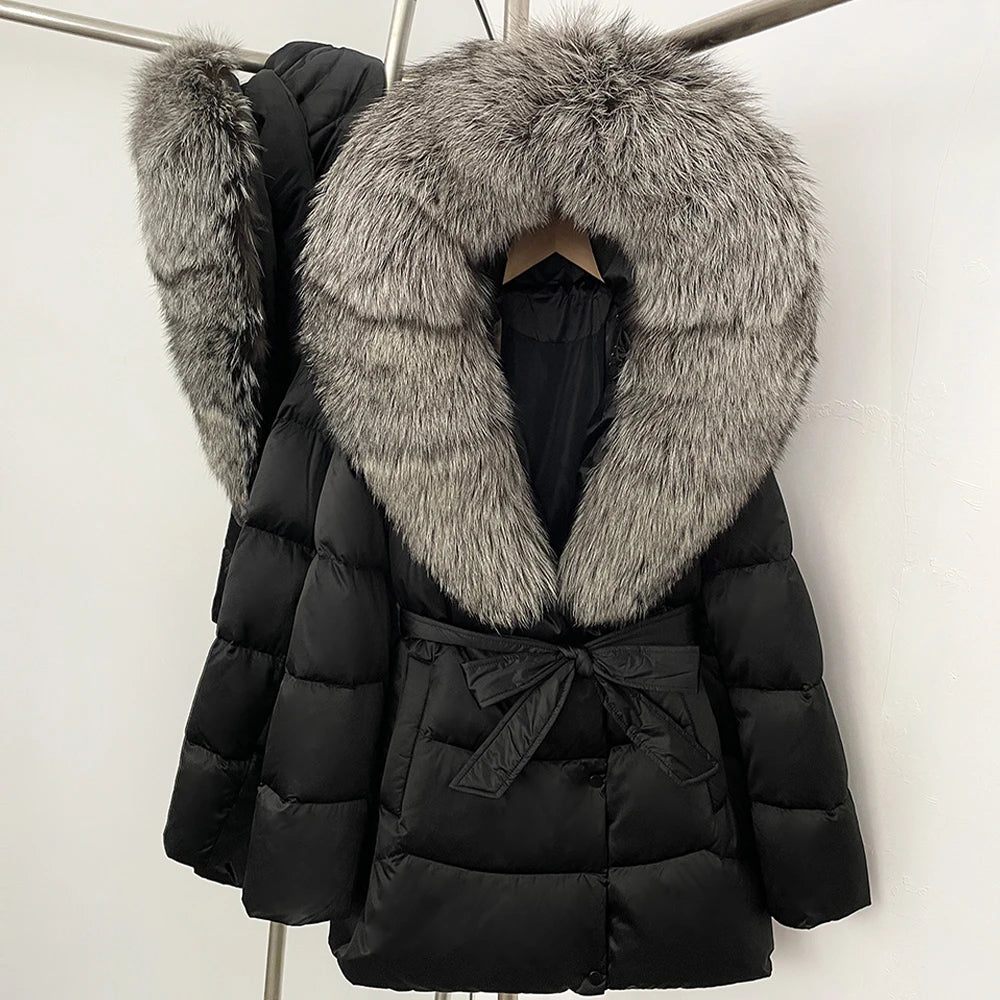 Down Jacket Women Large Fox Fur Hooded Thick Natural Silver Fur Warm Female Parkas Waterproof 2025 Winter 90% Duck Down Coat