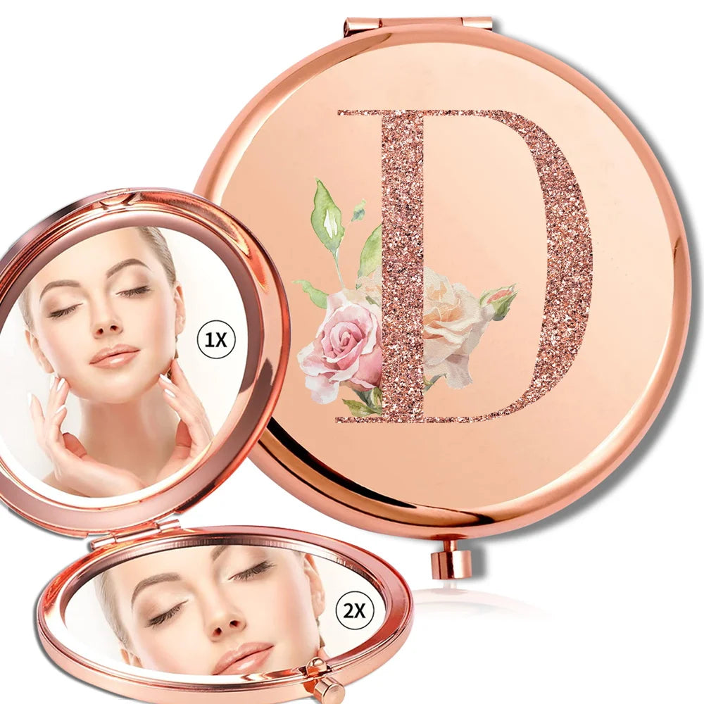 Miroir rond de maquillage grossissant Double face en métal, cosmétique, aspect Portable, verre, Compact, motif de lettres en or Rose