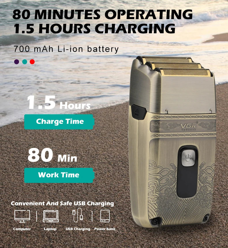 VGR tondeuse tondeuse à barbe pour hommes rasoir electrique homme rasoir Rasateur Professionnelle Rasoir électrique Machine à raser Étanche Tondeuse à barbe Métal Le rasoir Affichage numérique Rasoir pour hommes V-335