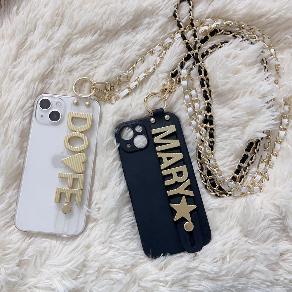 Funda Personalizadas nom étui avec sangle et chaîne coque de téléphone pour iPhone 15 11 12 17 16 13Pro Max 14 pro max couverture personnalisée