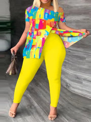 Women's Printed 2 Piece Set, Irregular Slanted Collar Split Top Short Sleeve Long Pants Colorful Outfit Fashion Women Pant Suit
