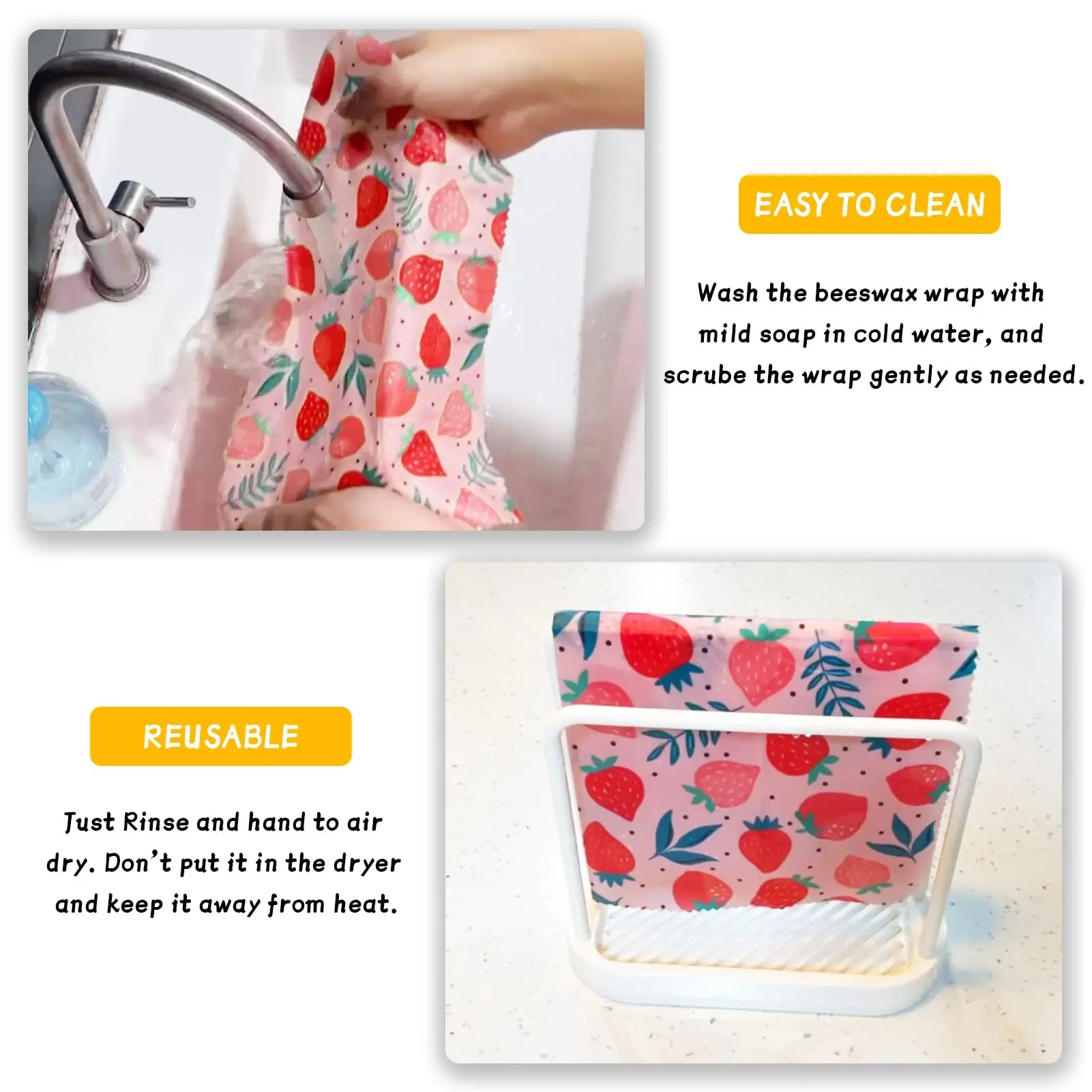 Beeswax Food Wrap 3-Piece Set, Reusable Eco-Friendly Organic Cotton Wax Fabric, Household Plastic Wrap Replacement, Washable Lemon Pattern
