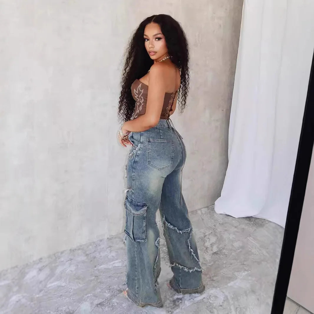 Women's relaxed, straight-leg, wide-leg denim jeans with star tassel detail, comfortable, loose fit, new autumn/winter collection