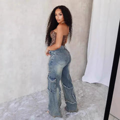 Women's relaxed, straight-leg, wide-leg denim jeans with star tassel detail, comfortable, loose fit, new autumn/winter collection