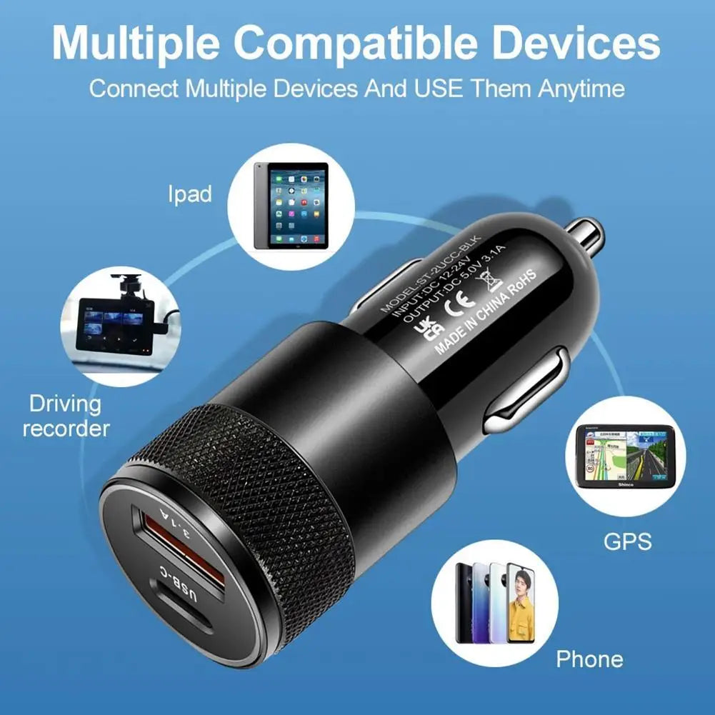 15W USB + PD petit canon en acier chargeur de voiture en alliage d'aluminium en métal chargeur de voiture 3.1A chargeur de voiture de téléphone portable