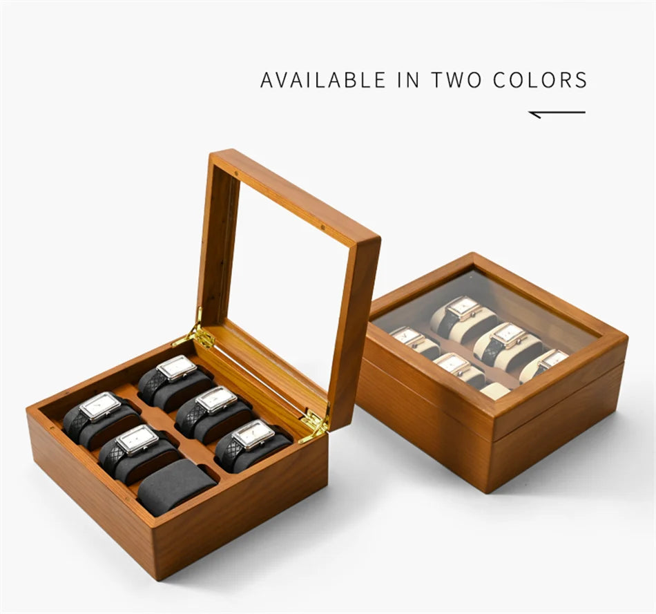 Oirlv boîte de rangement de montre en bois délicate couvercle en verre anti-poussière boîte de montre boîte de collecte de montre-bracelet affichage stockage boîte de montre à 6 grilles