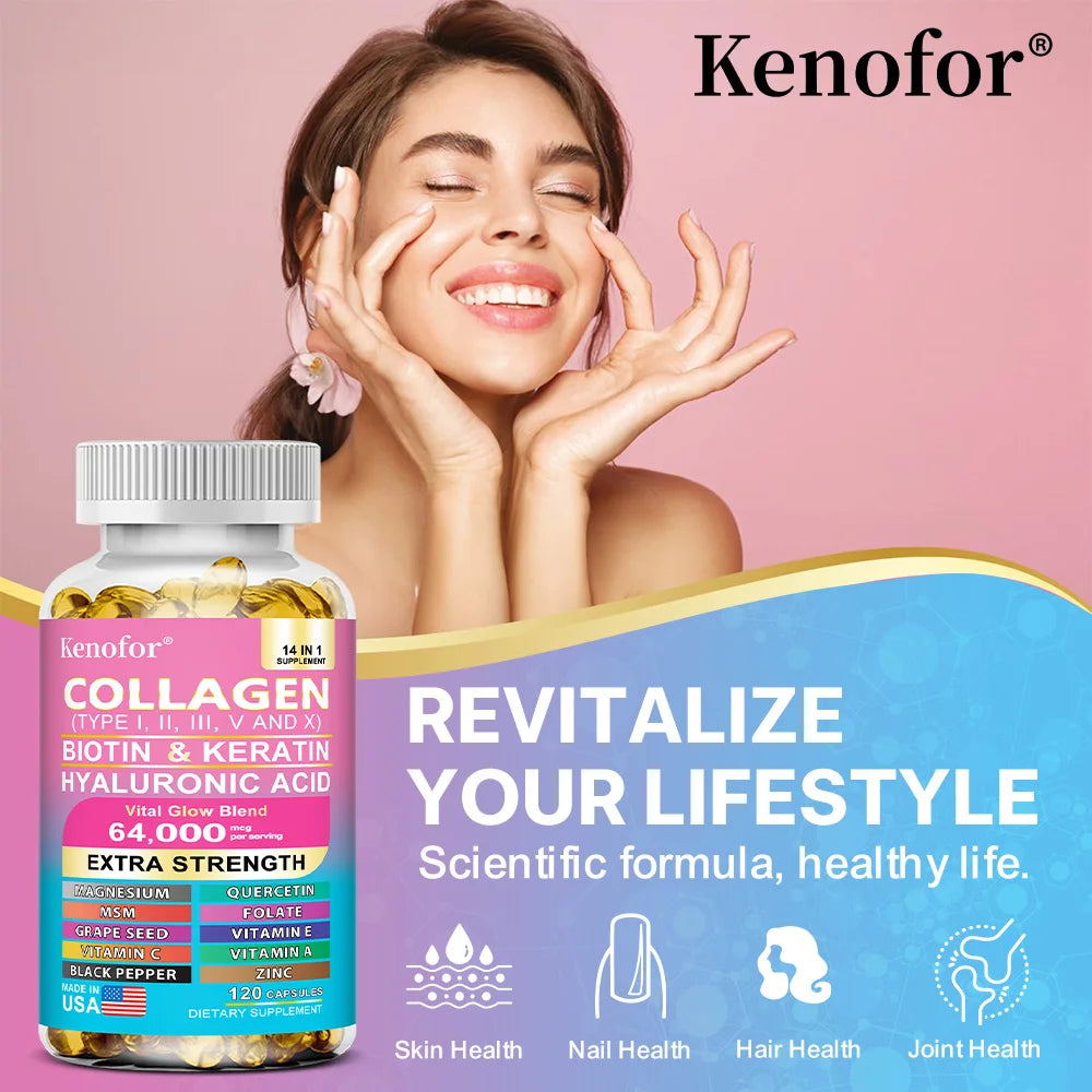 Kenofor collagène 1000 mg avec biotine 10,000 mcg, kératine acide hyaluronique vitamine C formule saine complément alimentaire sans gluten