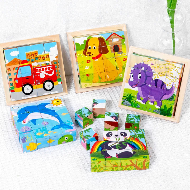 Puzzle en bois peint à Six côtés, blocs de construction tridimensionnels pour animaux de la circulation, jouet éducatif pour l'éducation précoce