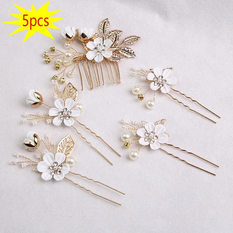 5 pièces/ensemble accessoires de cheveux de mariée pour femmes fleur perle casque diadème Barrette de mariage pince épingles à cheveux mariée peignes ornement