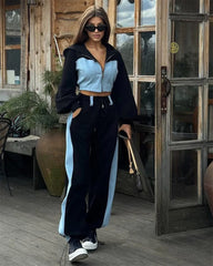 Ensemble 2 pièces en denim patchwork pour femmes, tenue décontractée, sweats à capuche minces, haut court, pantalon de survêtement à jambes larges, streetwear imbibé, survêtements à la mode