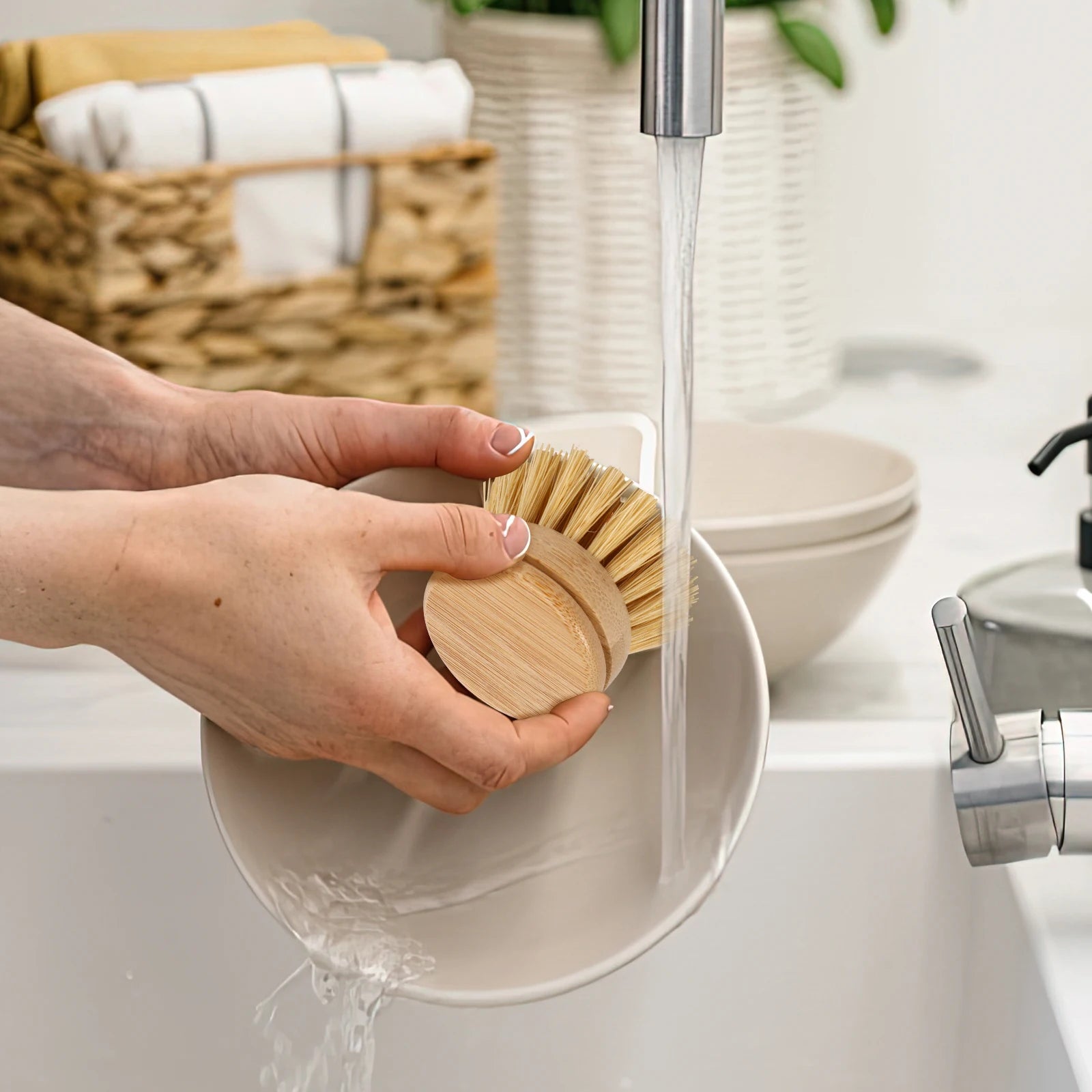 Brosse à vaisselle de cuisine en bambou naturel, outil de nettoyage de cuisine, tête de brosse respectueuse de l'environnement pour laver les casseroles et les cuisinières