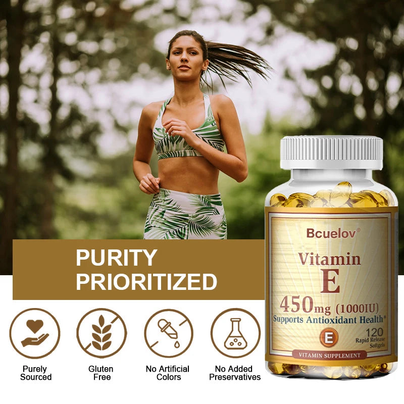 Bcuelov Vitamine E 1000 IU 450mg - pour la peau, les cheveux, la santé circulataire, le support du système immunitaire - supplément antioxydant