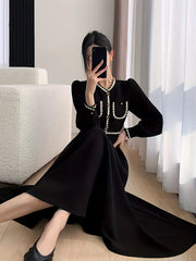 [Robe élégante à col en V] Robe élégante à col en V, ligne a, garniture contrastée, manches à manchette, boutons, vêtements pour femmes pour le printemps et l'automne