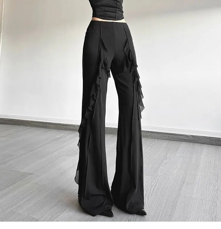 Women's high-waisted bootcut trousers, retro style, ruffled seams, with a sense of design, slimming trousers
