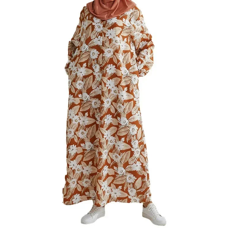 Women's Pop Eid Muslim Abaya Ramadan Moroccan Arabic Pockets Long Floral Dress Dubai Caftan Islamic Abayas Zippers Casual Dresses