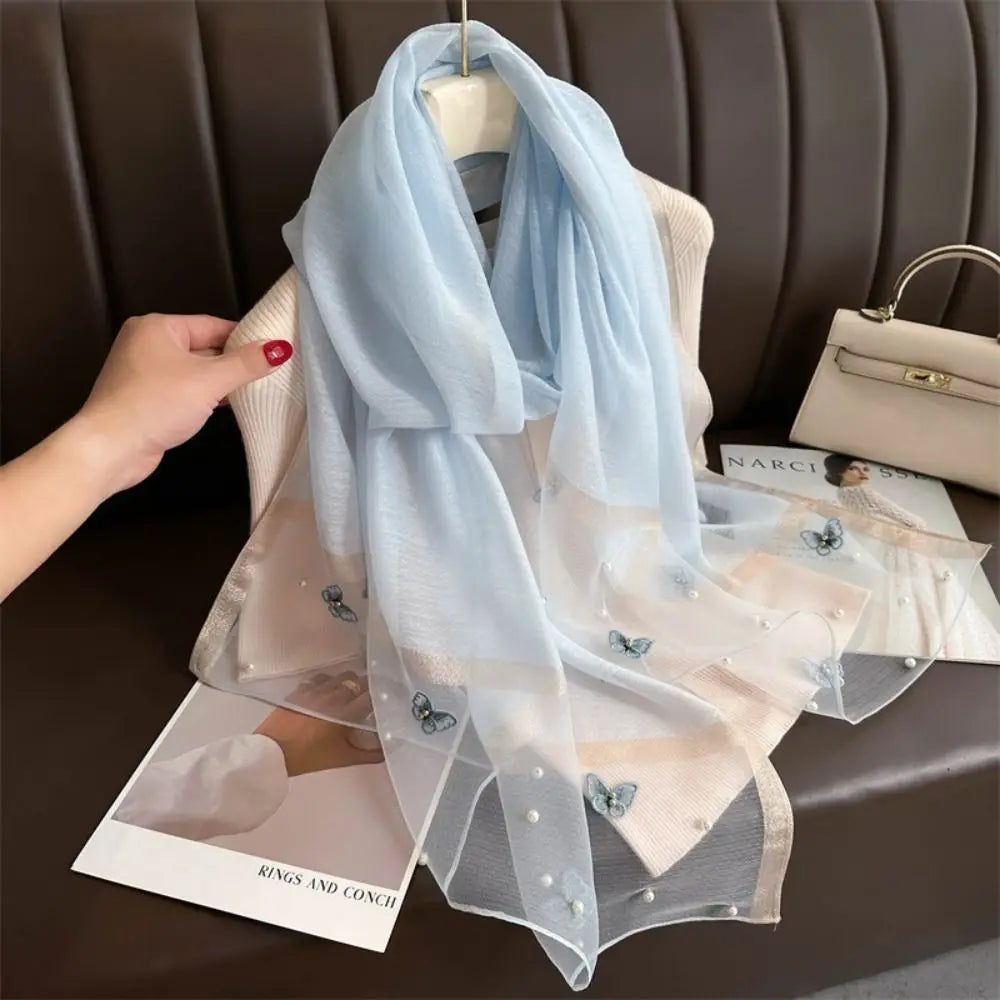 Grand Foulard Fin et Élégant avec Broderie Papillon, Châle Hijab de Luxe pour Femme
