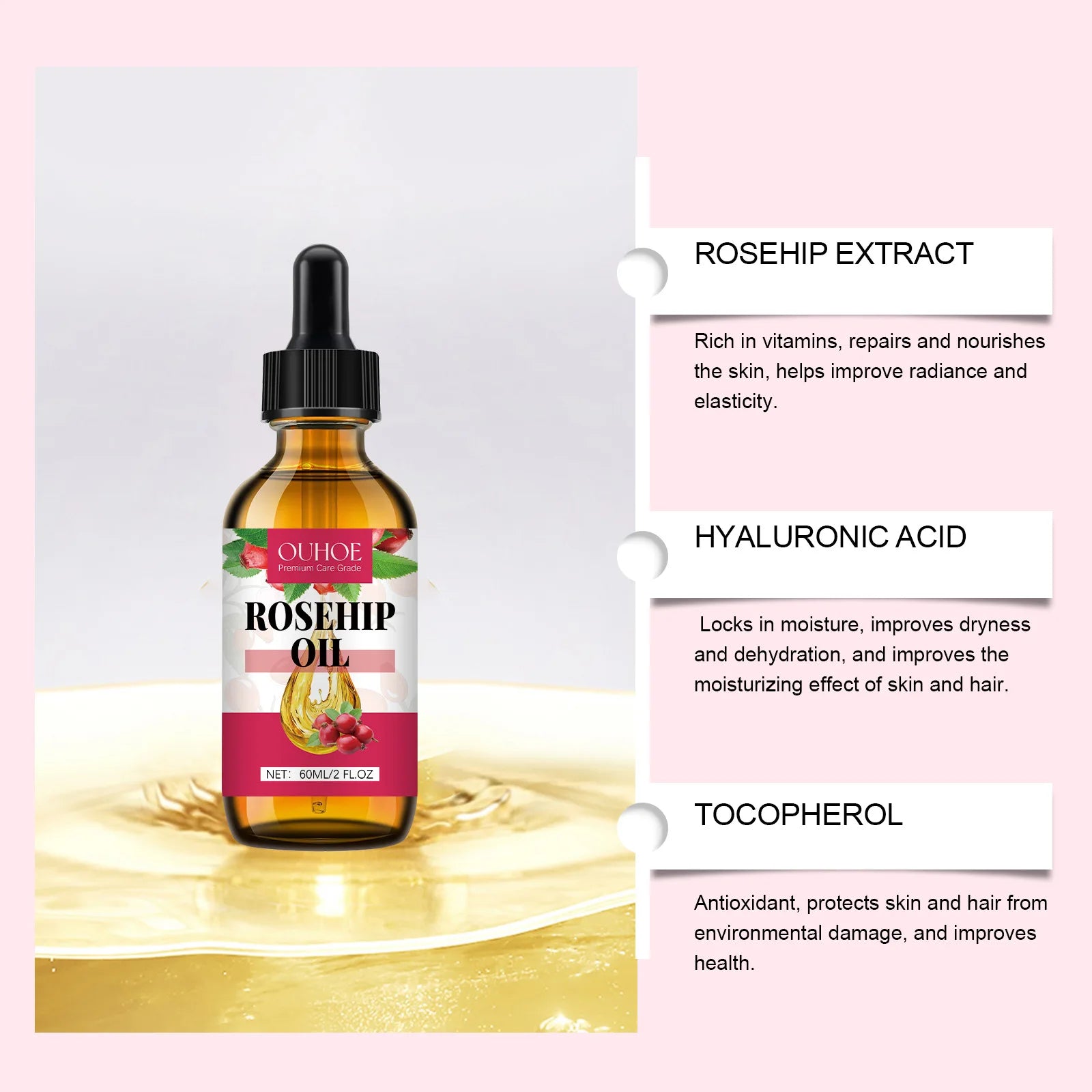 Bio Rose Musquée Antioxydant Améliorer Rides Rides Raffermissant Lifting Réparation Hydratant Nourrir Lisse Cheveux Soins de La Peau Huile