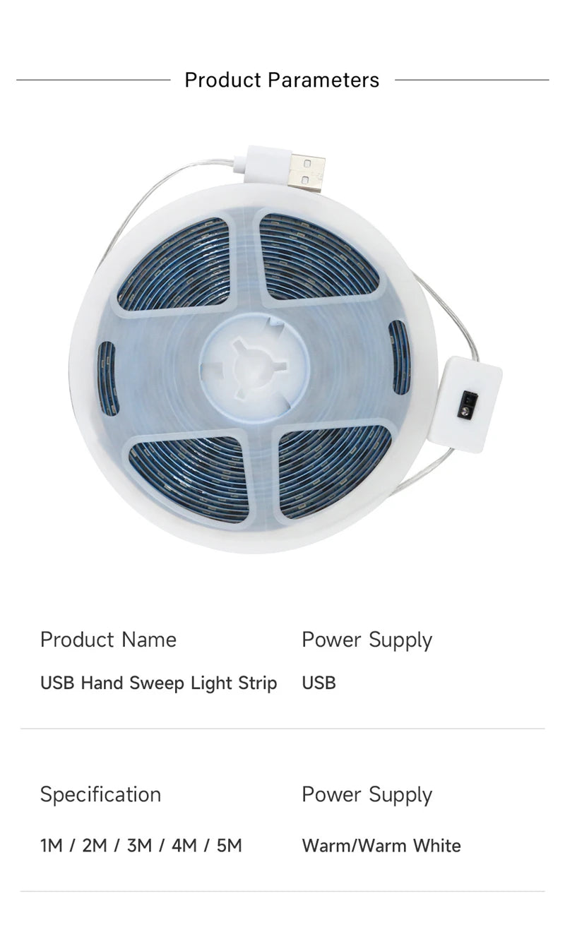 LED Strip Light with Ripple Sensor and Hand Swipe, Backlighting for TV, Kitchen, Under Cabinet, DC 5V, USB 2835