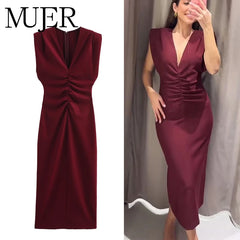 Women's Long Pleated Sleeveless Evening Dresses, Chic Party Midi Dress, Draped Bodycon Dress