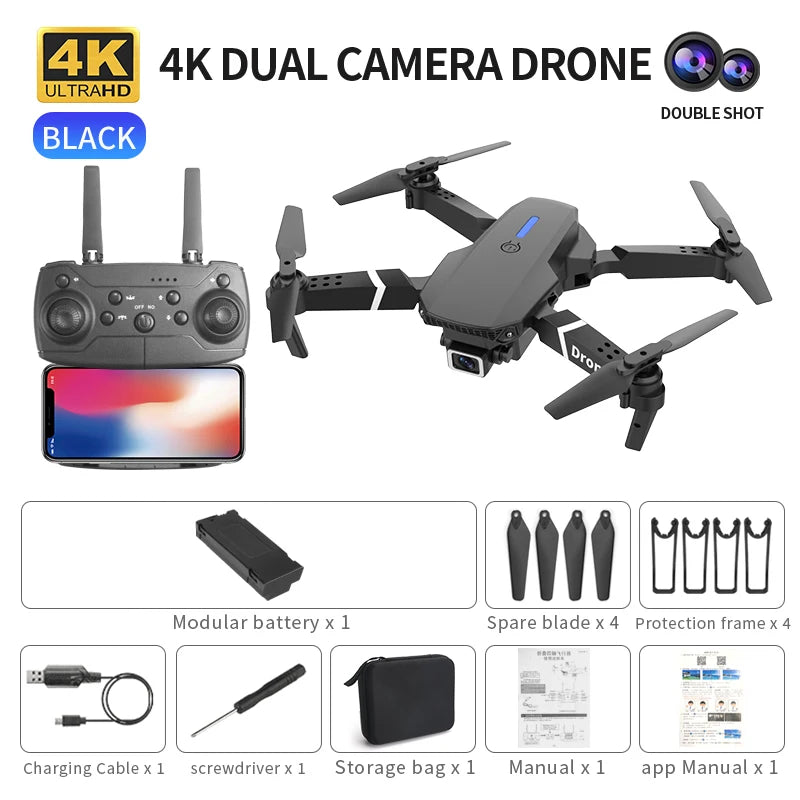 E88 4K Professional Drone, Wide-Angle HD Camera, WiFi FPV, Altitude Hold, Foldable RC Quadrotor Helicopter, Children's Toys (Camera Not Included)