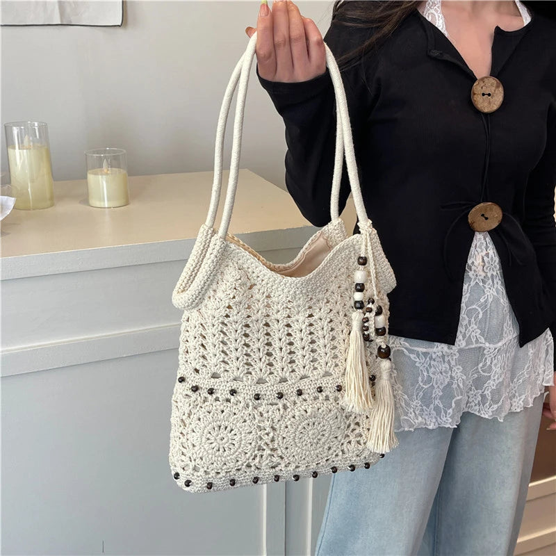 Sac à main tissé de grande capacité, sac à bandoulière ajouré, fourre-tout en Crochet, fourre-tout bohème tissé pour femmes, sacs de Shopping tricotés