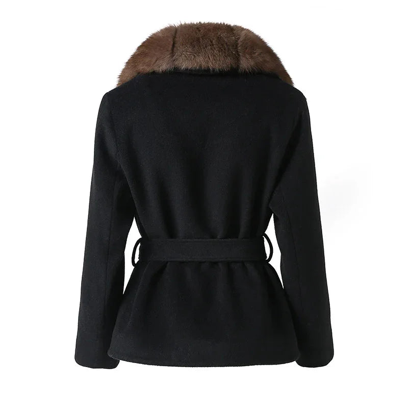Manteau Long à lacets pour femme, manteau de bureau élégant en laine, fourrure, Patchwork, manches longues, vestes Cardigan amples, nouvelle collection 2025