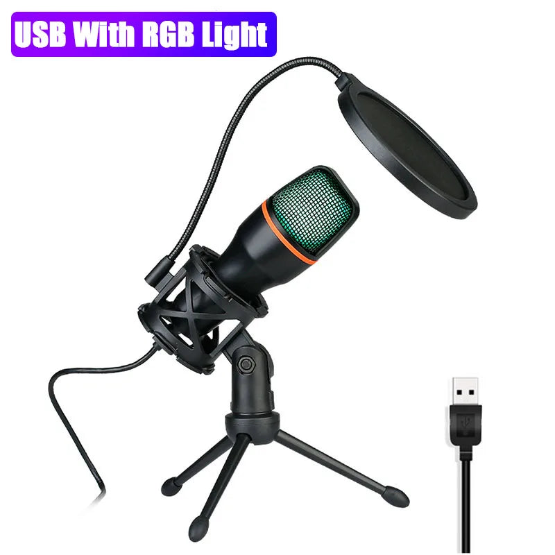 Microphone filaire à condensateur USB/RGB, 3.5mm, pour PC, ordinateur portable, jeu, Podcast, Studio, professionnel, Anti-blocage, pour bureau