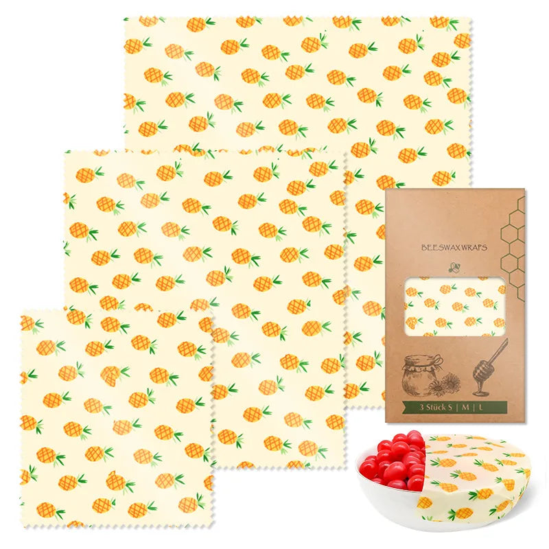 Beeswax Food Wrap 3-Piece Set, Reusable Eco-Friendly Organic Cotton Wax Fabric, Household Plastic Wrap Replacement, Washable Lemon Pattern