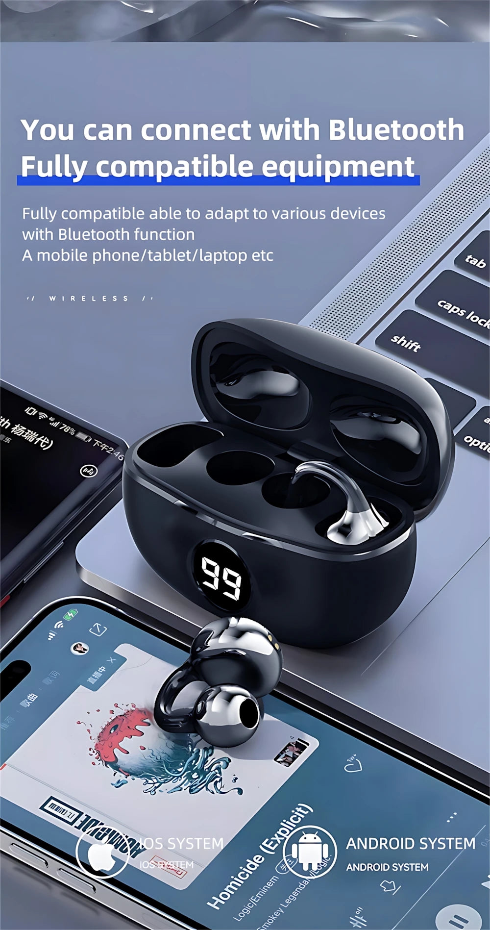 Casque sans fil Fone Bluetooth casque avec micro mains libres suppression du bruit écouteurs Clip oreille musique sport jeu bouchon d'oreille