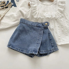 Mode coréenne nouvel été enfants fille jupe short solide taille élastique bouton doux Denim Culotte enfants vêtements polyvalents