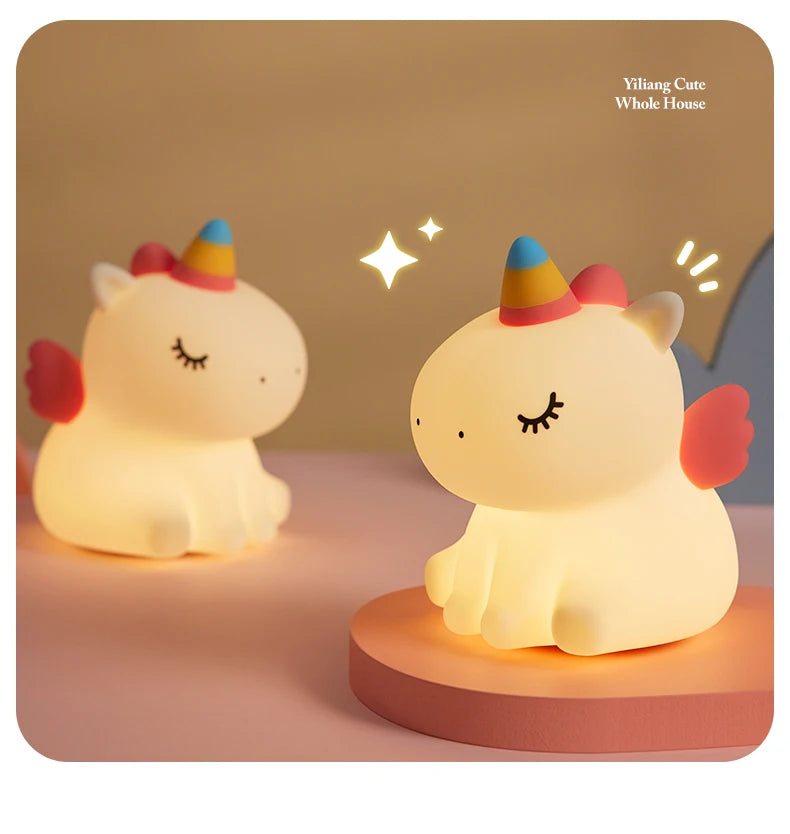 Veilleuse licorne mignonne en Silicone pour enfants, veilleuse LED à intensité variable, lampe licorne Squishy, lampe de chevet Rechargeable