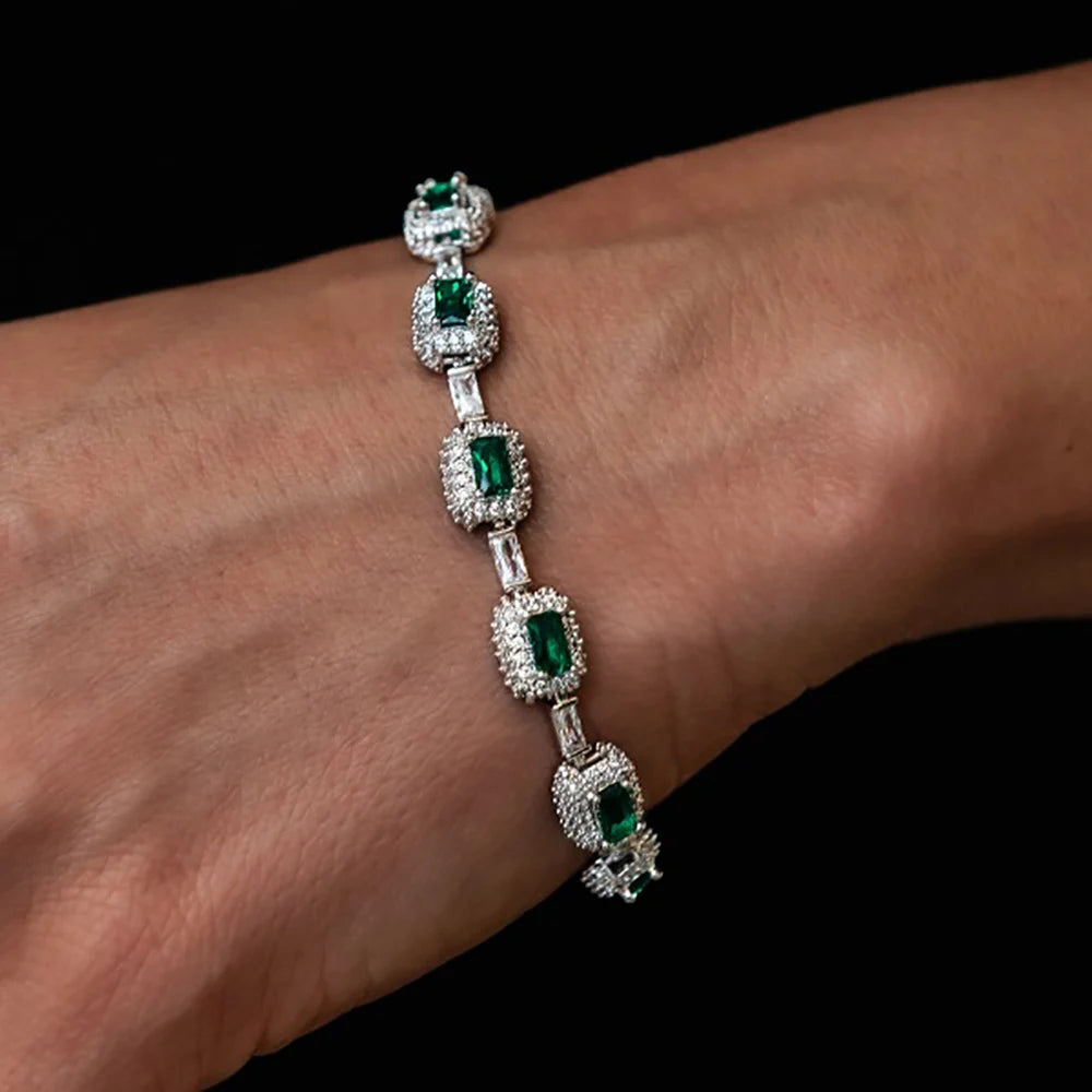 ESEllEM-Bracelet en Émeraude Glacée pour Femme, Bijoux à la Mode, Diamants, Coupe Coussin, Or Blanc, Incrusté Vert, Baguette Zcomprend