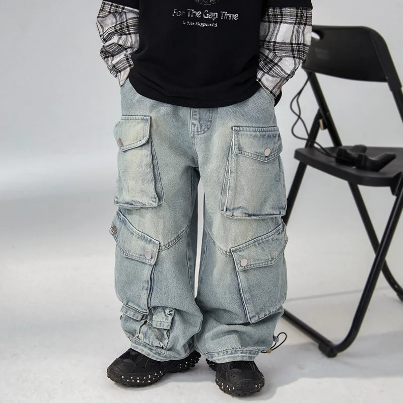 Jean ample à jambes larges pour garçons, pantalon de travail pour enfants moyens et grands, coupe confortable, printemps-automne