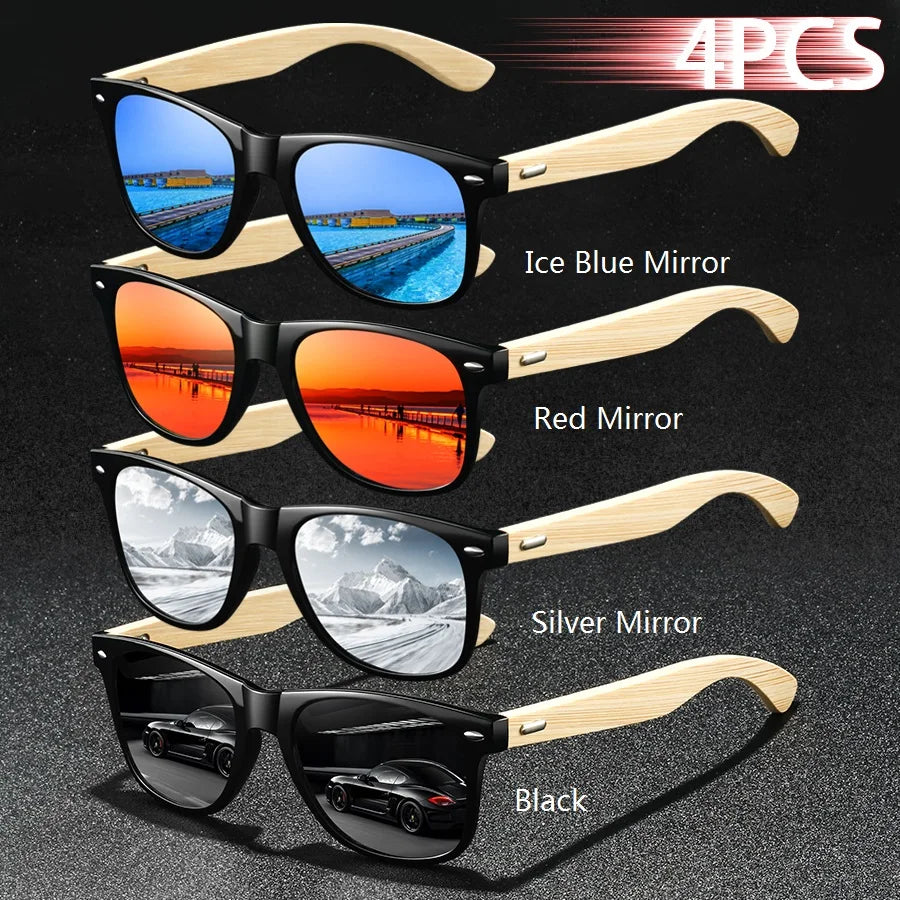 4 pièces mode carré unisexe bambou bois Vintage lunettes de soleil pour hommes femmes conduite pêche marque concepteur lunettes de soleil homme UV400