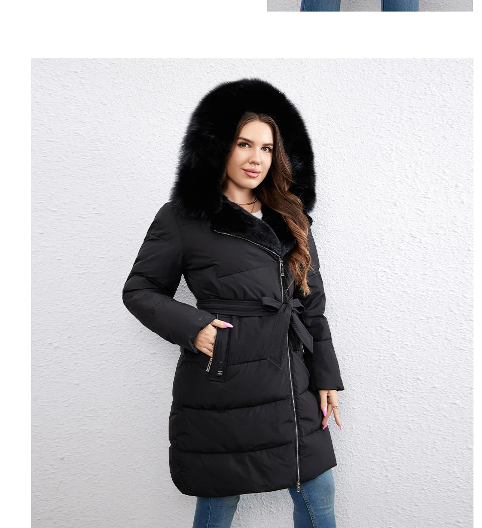 HaiLuoZi-Doudoune Longue en Coton pour Femme avec Ceinture en Fourrure, Manteau à Revers, Fermeture Éclair Indépendante, Vêtements d'Extérieur, Nouvelle Collection Hiver 2023, 1171