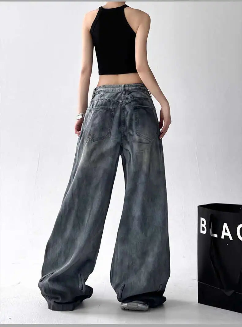 Femmes jean pantalon américain haute rue déchiré droit jambe large jean pour femmes conception cravate-teinture Jazz danse Cargo pleine mince jean