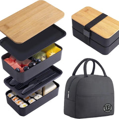Boîte à Déjeuner Synchronisée avec Couvercle en Bois pour Pique-Nique, Micro-ondes, Bento Japonais, Portable, Double Couche, Récipient Alimentaire pour Enfants, 1200ml