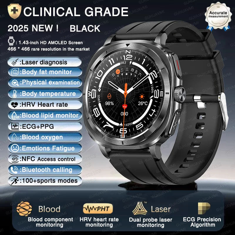 Montre connectée pour hommes, nouveau niveau Expert, santé, ECG + PPG, moniteur Laser, acide urique, graisse sanguine, pression artérielle, NFC, appel HD, 2025