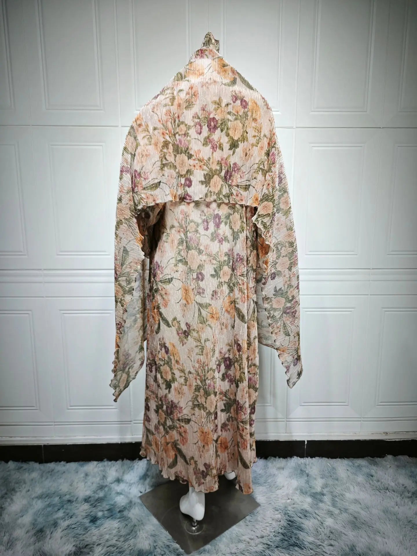 Luxury Dubai Women's Abaya Hijab Included Muslim Elegant Floral Print Pleated Open Long Sleeve Cardigan Caftan
