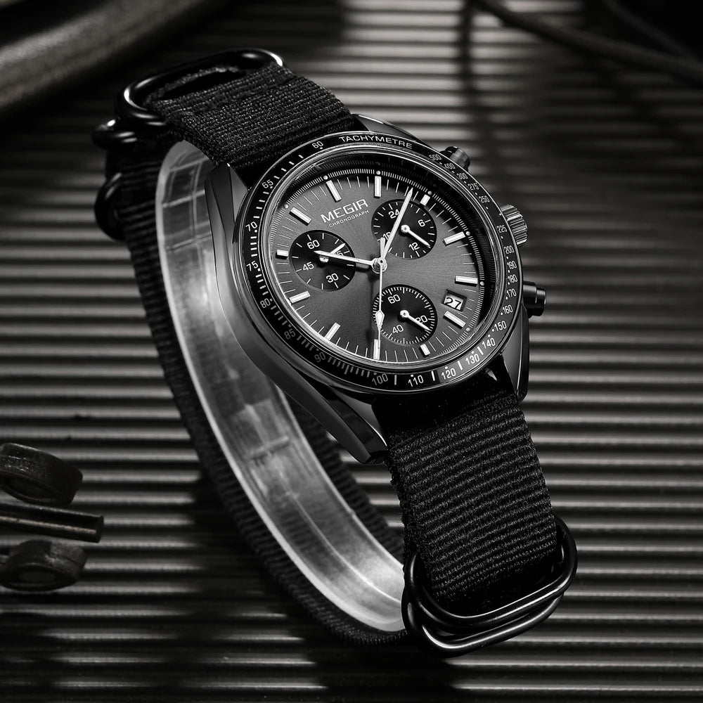 MEGIR montre à Quartz à trois yeux pour hommes bracelet tressé en Nylon étanche sport lumineux avec chronographe montre-bracelet de mode homme