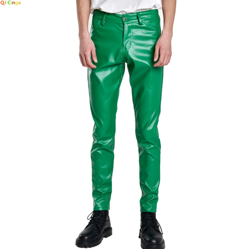 Pantalon en cuir PU pour hommes, Slim, à la mode, rouge, bleu, noir, gris, blanc, nouvelle collection 2024
