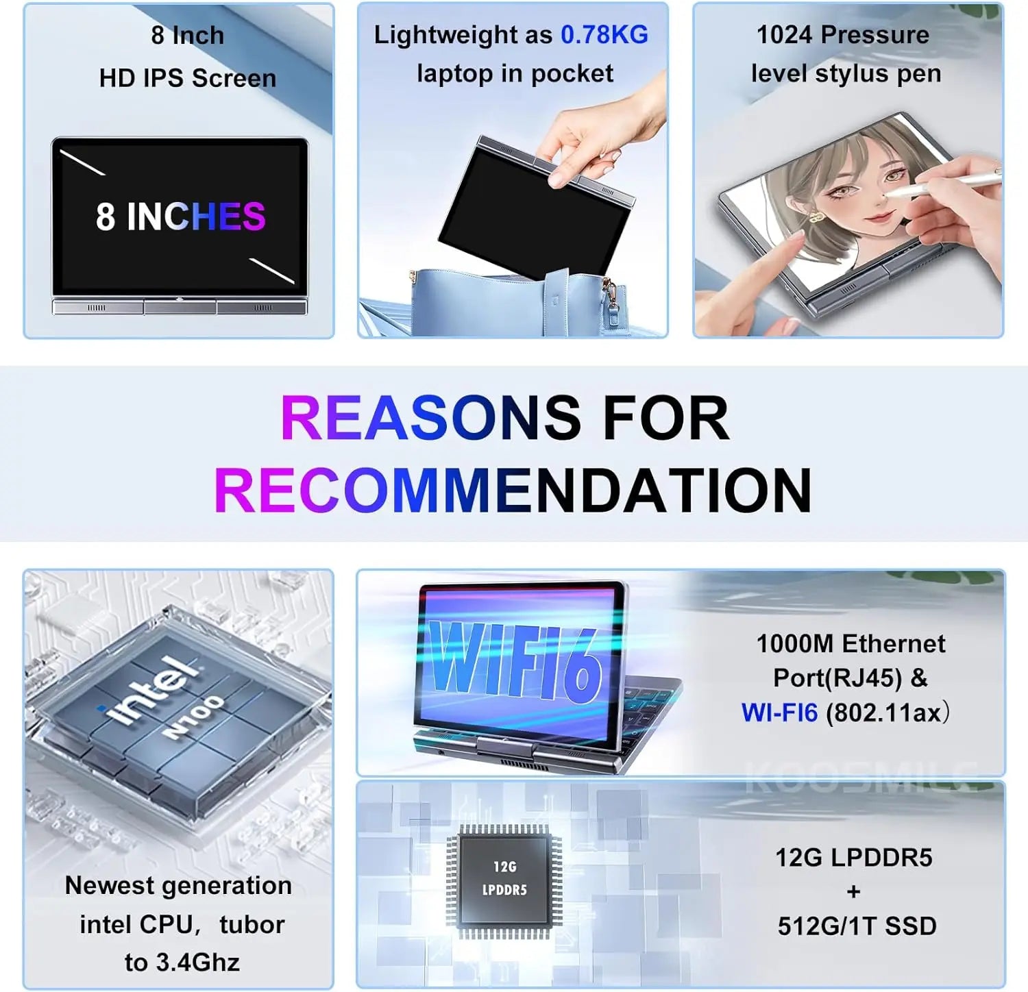 Mini ordinateur Portable windows 11 8 pouces écran tactile ordinateur Portable N150 12GB + 1 to IPS Netbook Win 11 Pro Mini PC Micro ordinateur