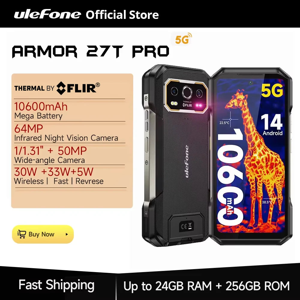 Ulefone Armor 27T Pro 5G Rugged Phone with THERMAL BY FLIR® 10600mAh Android 14 Smartphone 50MP+64MP 6.78" 24GB+256GB NFC Mobile Phone