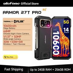 Ulefone Armor 27T Pro 5G Rugged Phone with THERMAL BY FLIR® 10600mAh Android 14 Smartphone 50MP+64MP 6.78" 24GB+256GB NFC Mobile Phone